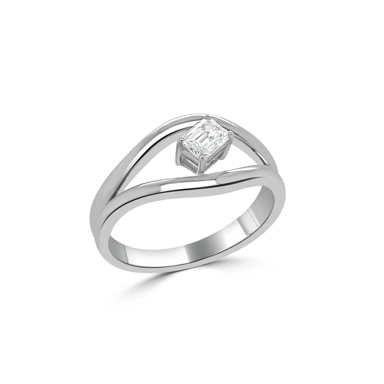 14K white gold emerald cut diamond ring with sculptural band, featuring a single 0.34 ct. diamond. (Copy)