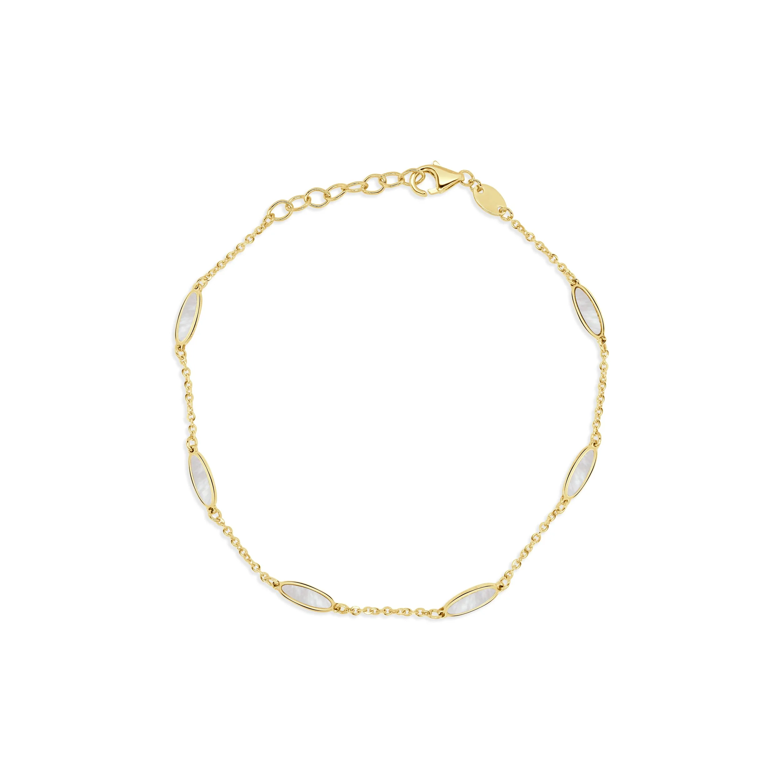 14K gold oval link bracelet with mother of pearl inlay bars on a fine gold chain. (Copy)