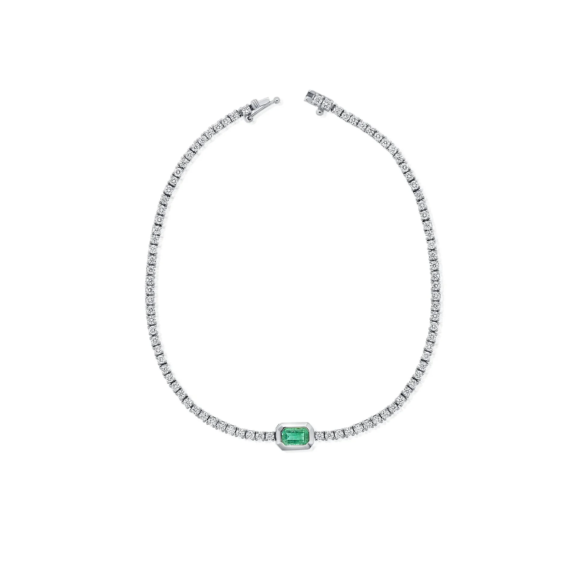 14k white gold diamond tennis bracelet with emerald-cut green emerald. (Copy) (Copy)