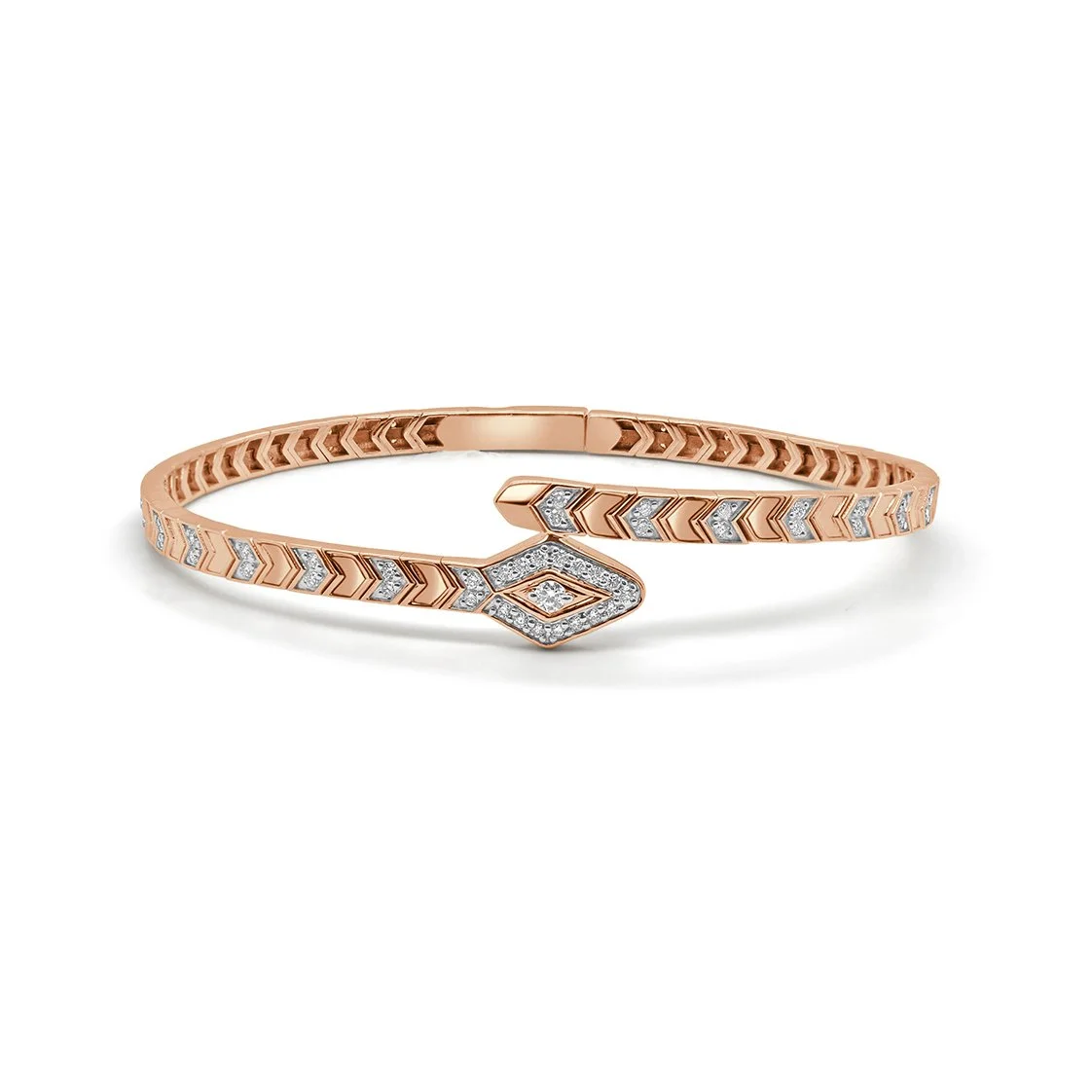 14K rose gold diamond snake bangle with pavé diamond head and chevron-etched detailing. (Copy)