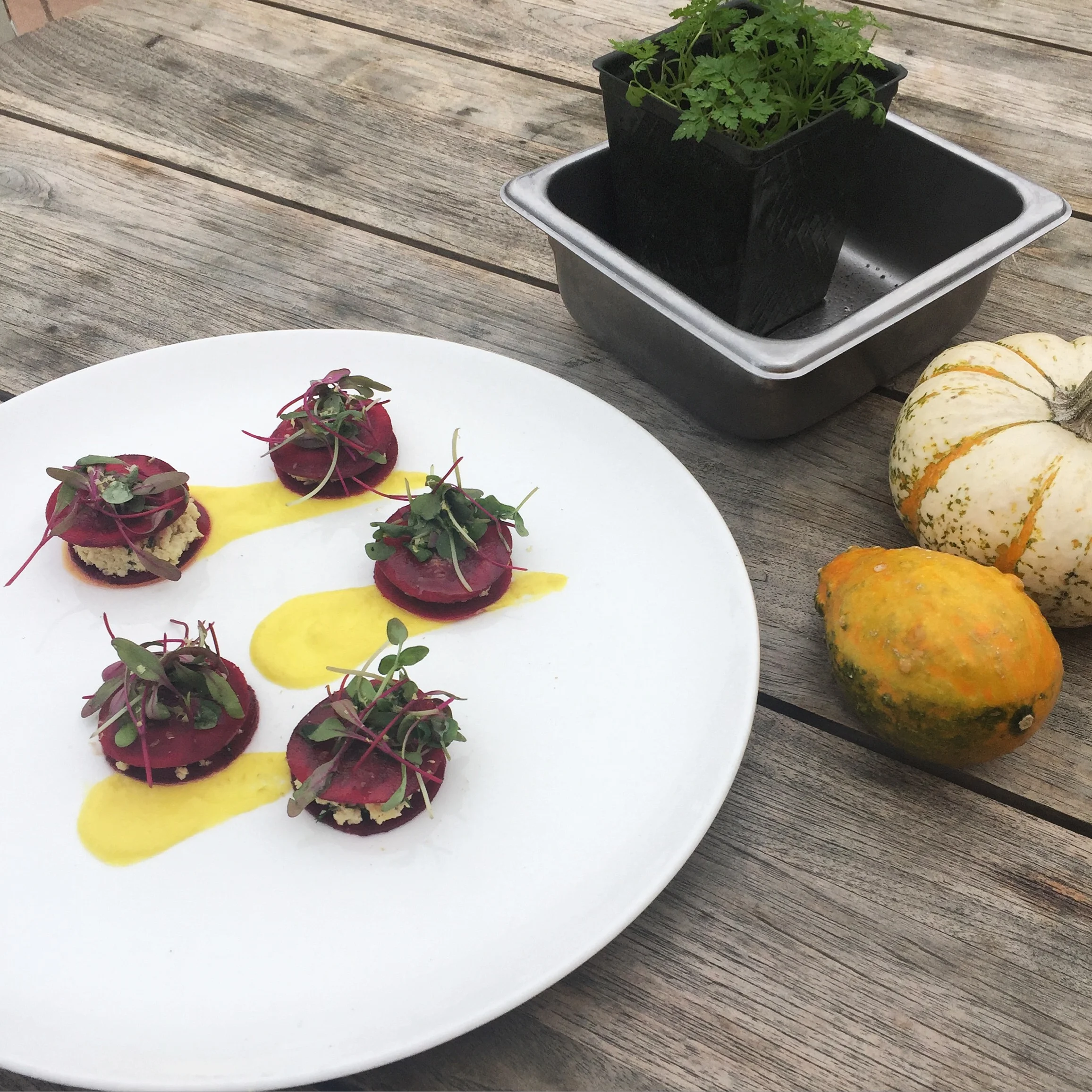 Red Beet Ravioli with Cashew Cheese, Pistachios & Bell Pepper Puree. 