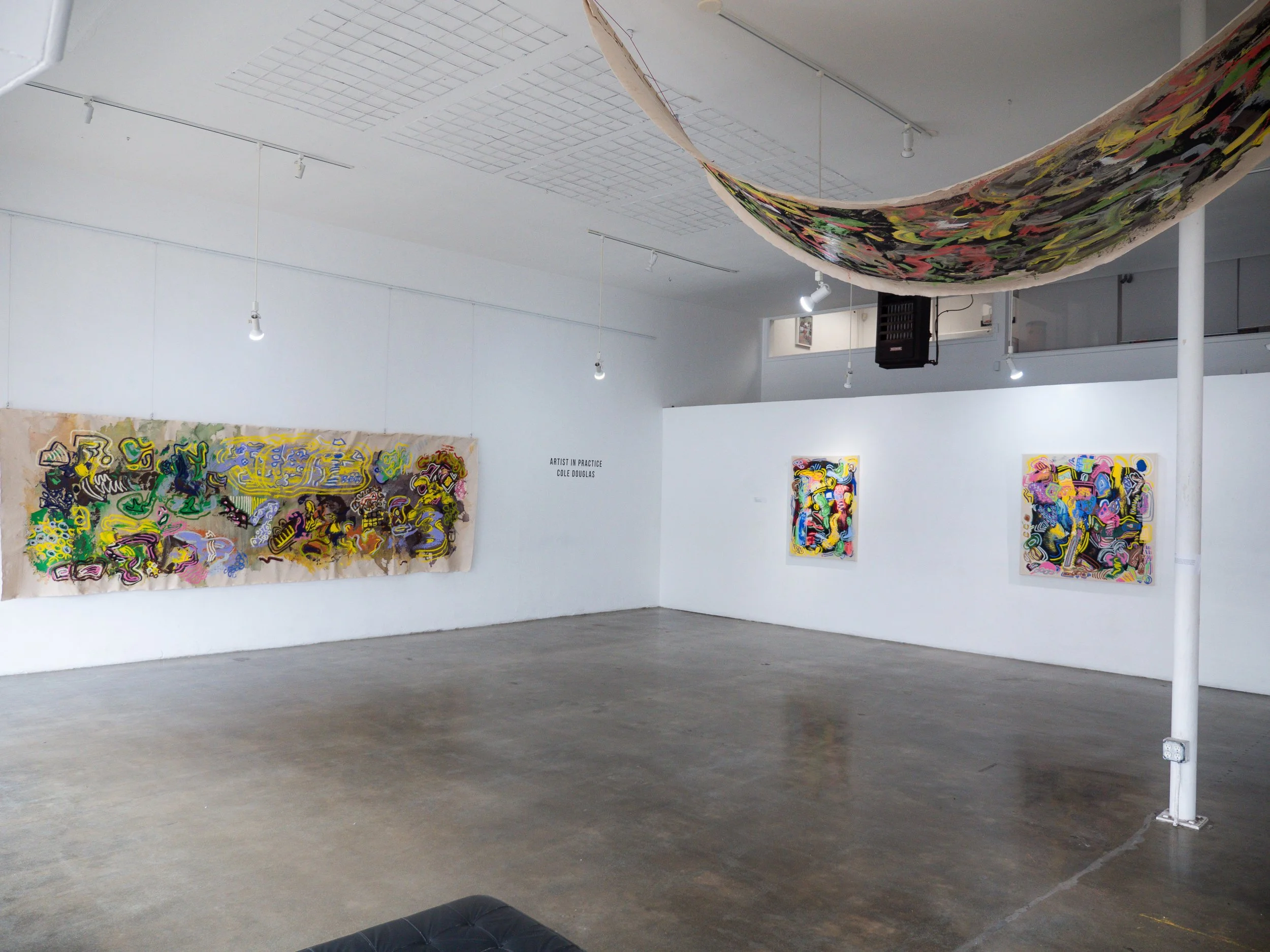 Gallery space featuring works on the wall and hanging from ceiling