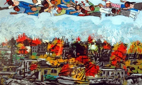 painted canvas with people flying in the sky over a town