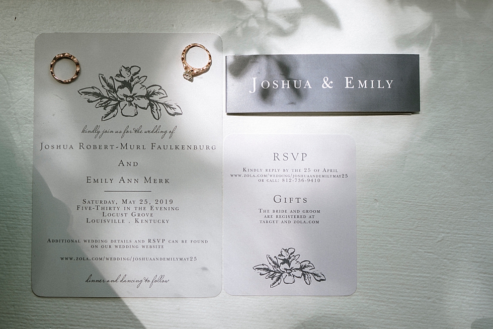  Gorgeously printed invites with wedding rings displayed for this spring wedding at Locust Grove in Louisville Kentucky. spring wedding rings Locust Grove Louisville photographer Kentucky wedding photography by Lauren outdoor wedding invite bride and