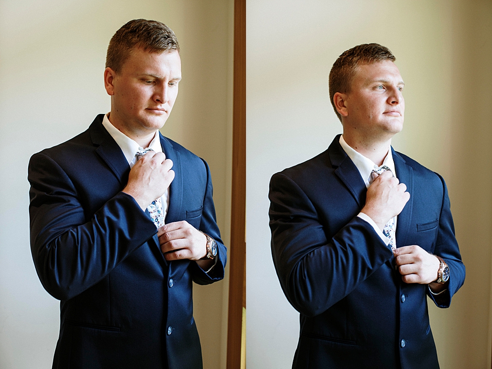  Southern groom in black suit with floral tie for this spring wedding in Louisville Kentucky at Locust Grove. spring wedding suit Locust Grove Louisville photographer Kentucky wedding photography by Lauren outdoor wedding bride and groom black suit f