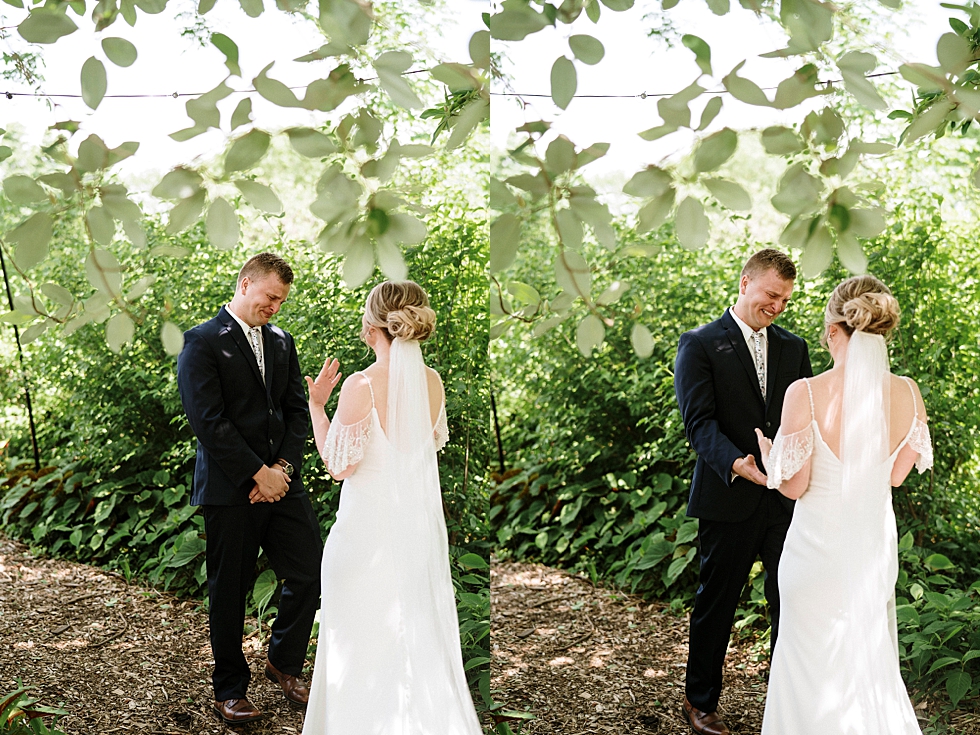  Beautiful bride and groom in tears during their first look at their spring wedding in Louisville Kentucky in Locust Grove. spring wedding first look tears Locust Grove Louisville photographer Kentucky wedding photography by Lauren outdoor wedding br