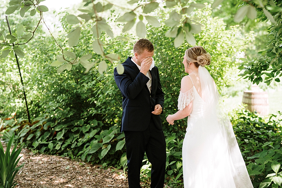  Southern groom in tears seeing his bride for the first time on their wedding day in spring at Locust Grove in Louisville Kentucky. spring wedding first look Locust Grove Louisville photographer Kentucky wedding photography by Lauren outdoor wedding 