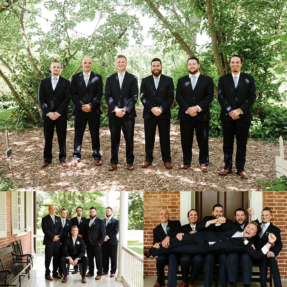  Handsome groom surrounded by his groomsmen at this dreamy spring wedding at Locust Grove in Louisville Kentucky. spring wedding groomsmen black suit Locust Grove Louisville photographer Kentucky wedding photography by Lauren outdoor wedding bride an