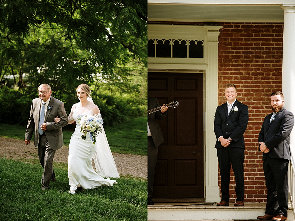  Father of the bride walking his daughter down the outdoor aisle to her groom at the manor house at Locust Grove in Louisville Kentucky. spring wedding dress Locust Grove Louisville photographer Kentucky wedding photography by Lauren outdoor wedding 