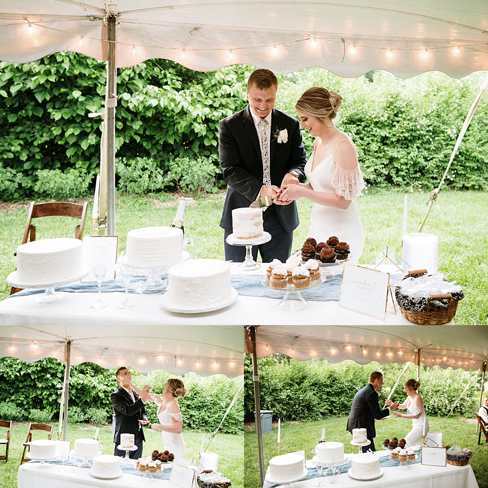  Playful bride and groom cutting their wedding cake and getting messy at their outdoor wedding reception at Locust Grove in Louisville Kentucky. spring wedding dress Locust Grove Louisville photographer Kentucky wedding photography by Lauren outdoor 