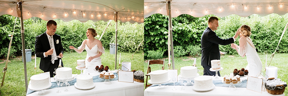  Groom getting even with bride after she splattered cake on his face at this charming outdoor wedding reception in Louisville Kentucky. spring wedding dress Locust Grove Louisville photographer Kentucky wedding photography by Lauren outdoor wedding c