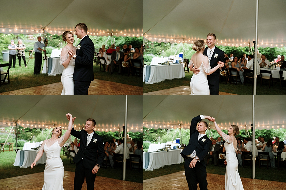  Glowing bride and groom dancing their first dance as husband and wife at this outdoor wedding reception at Locust Grove in Kentucky. spring wedding dress Locust Grove Louisville photographer Kentucky wedding photography by Lauren outdoor wedding rec