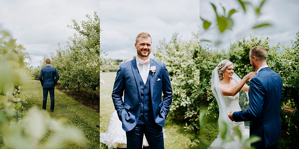  First look for these southern lovers at Huber’s orchard and winery in Louisville Kentucky. Huber’s orchard and winery spring wedding Louisville Kentucky wedding photography by Lauren outdoor wedding ceremony bride and groom southern wedding #wedding