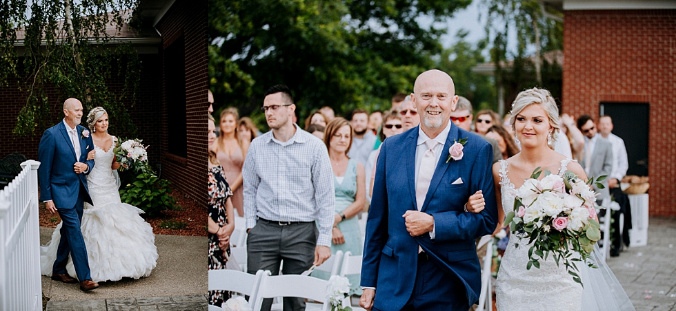  Father of the bride walking the bride down the aisle at this gorgeous outdoor wedding in Louisville Kentucky. Huber’s orchard and winery spring wedding Louisville Kentucky wedding photography by Lauren outdoor wedding ceremony southern bride father 
