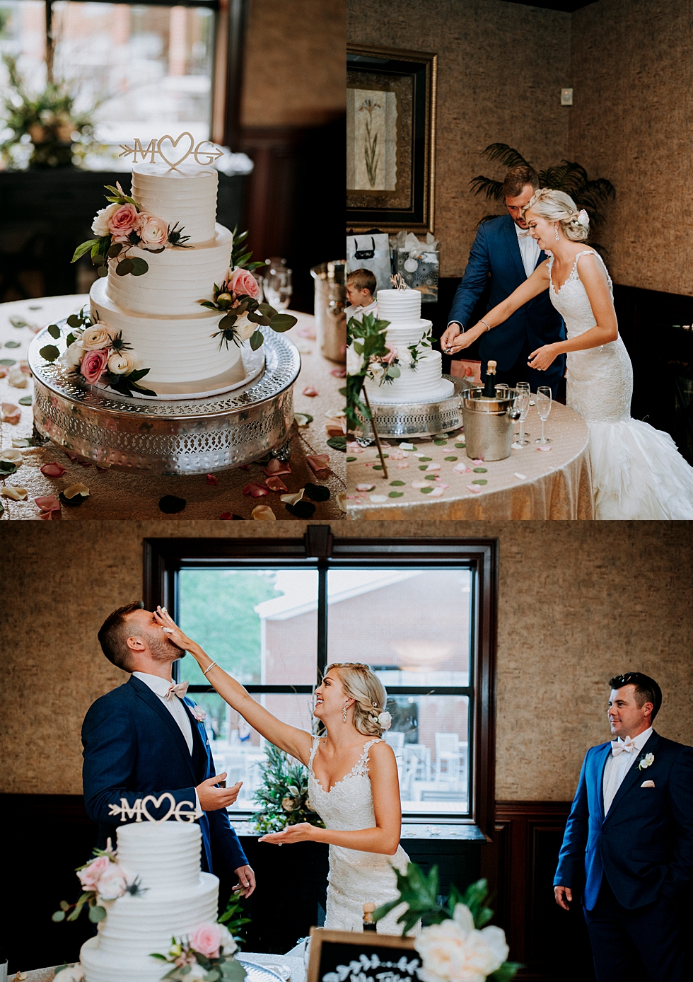  Bride and groom getting messy with this gorgeously delicious spring wedding cake at Huber’s orchard and winery in Louisville Kentucky. Huber’s orchard and winery spring wedding Louisville Kentucky wedding photography by Lauren outdoor wedding ceremo