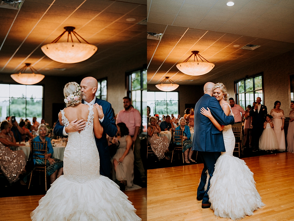  Father of the bride dancing his last dance with bride at this charming southern wedding at Huber’s orchard and winery in Louisville Kentucky. Huber’s orchard and winery spring wedding Louisville Kentucky wedding photography by Lauren outdoor wedding