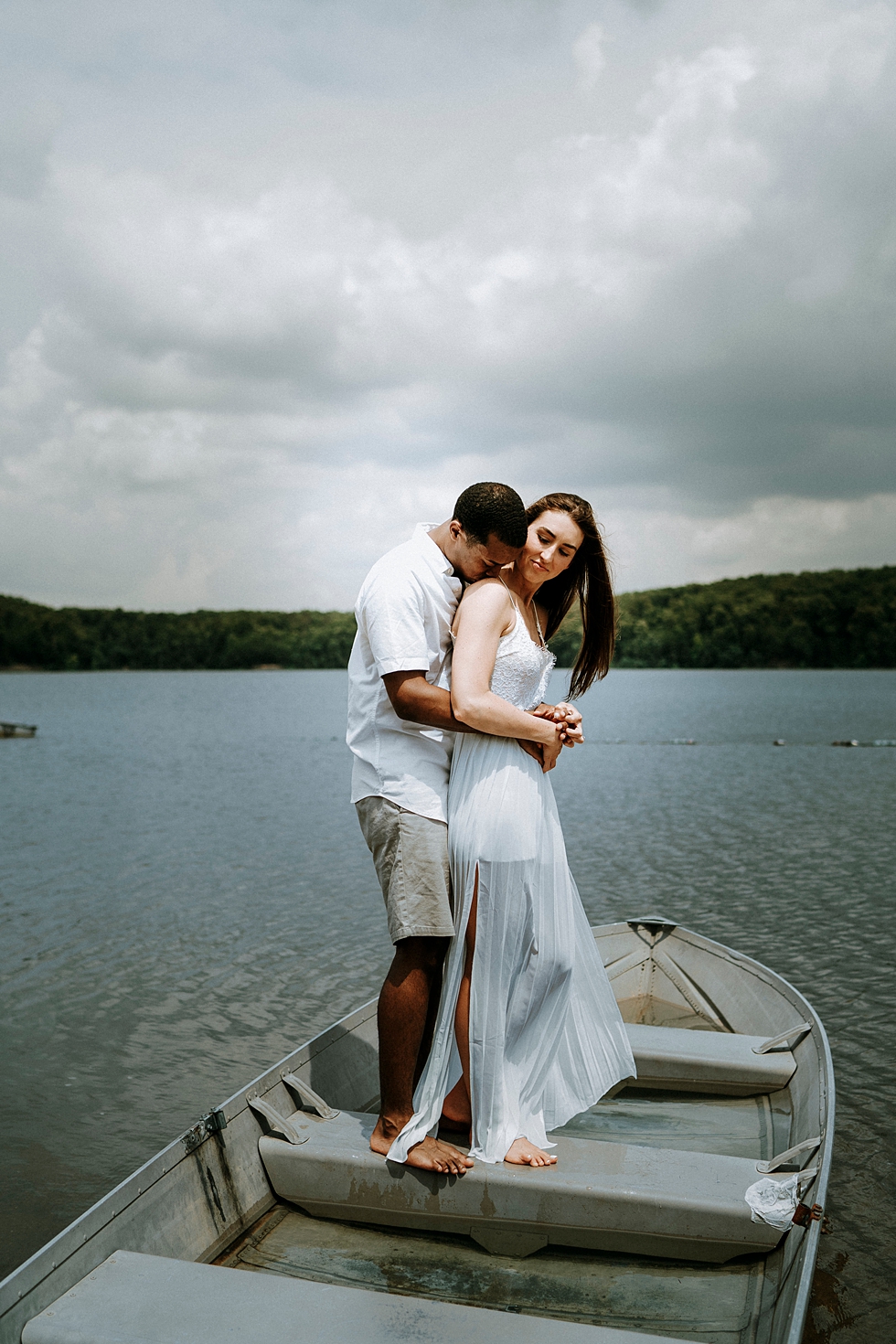  deam lake boat photo engaged couple engagement shoot white dress white shirt sailing away together sheer dress #engagementphotographer #louisvilleengagementphotographer #kentuckyengagmentphotographer #kentuckyengagments #engagementshoot #loveisinthe