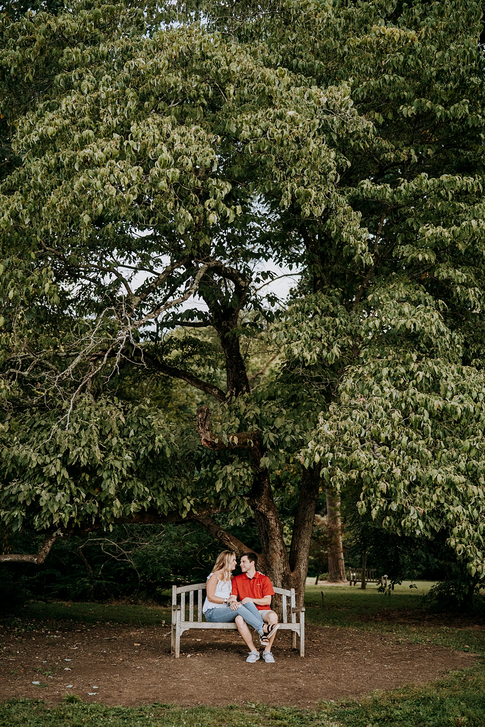  Engaged couple in casual attire on forest bench together #engagementphotographer #bernheimforest #engagementgoals #kentuckyengagementphotographer #kentuckyphotographer #engagementsession #photographyanddesignbylauren 