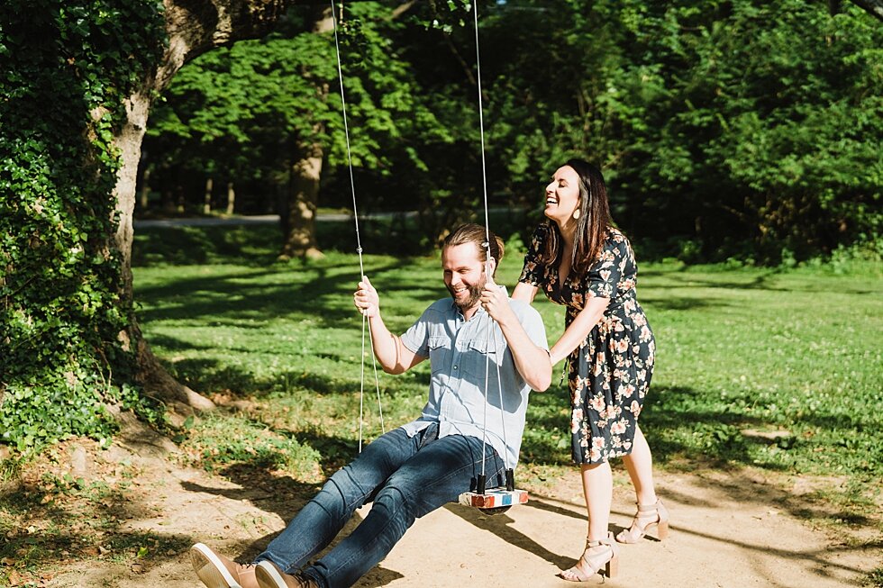  Laughter was not is short supply with this couple. They enjoyed playing and pushing each other on the swings during their summer engagement session. #engagementgoals #engagementphotographer #engaged #outdoorengagement #kentuckyphotographer #indianap
