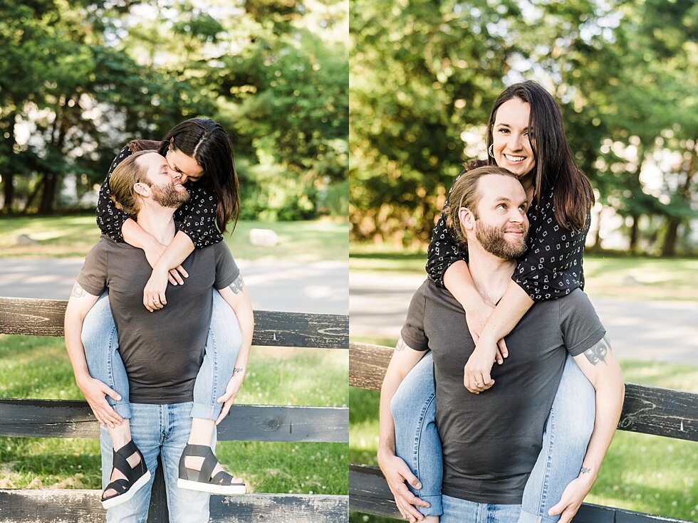  Piggy back ride for the blushing bride to be during this summer engagement session in Kentucky. #engagementgoals #engagementphotographer #engaged #outdoorengagement #kentuckyphotographer #indianaphotographer #louisvillephotographer #engagementphotos