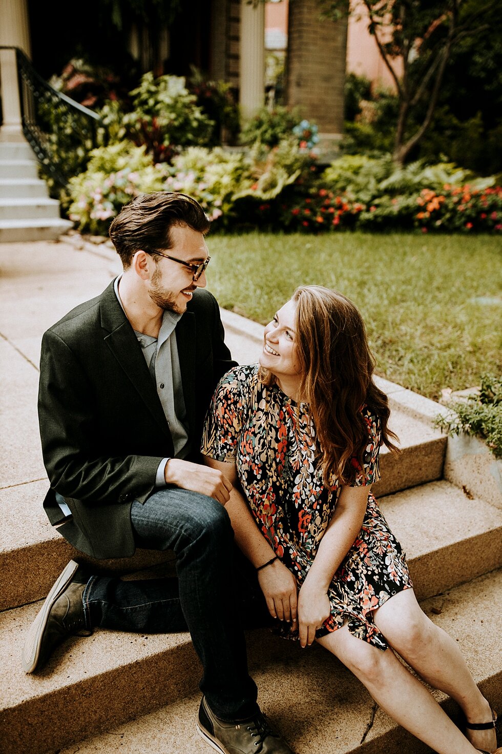  Engaged couple sitting on the steps on a beautiful August day. getting married outdoor session engaged couple together wedding preparation love excited stunning relationship #engagementphotos #midwestphotographer #kywedding #louisville #stjamescourt