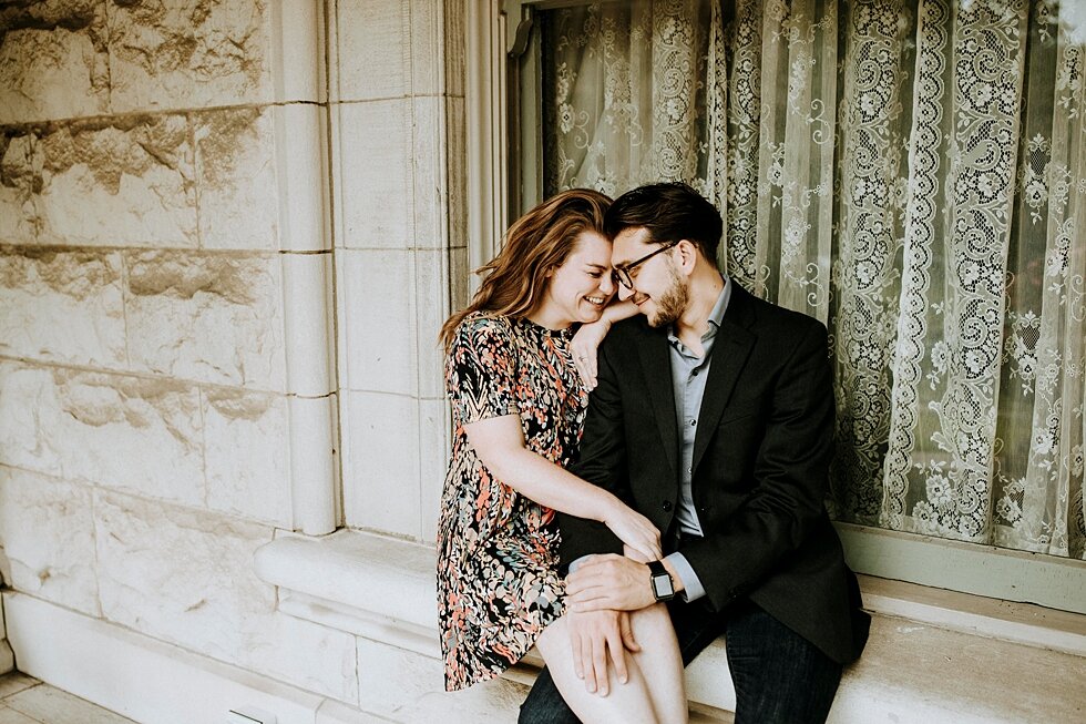 Engaged couple sitting with their foreheads together on a beautiful August day. getting married outdoor session engaged couple together wedding preparation love excited stunning relationship #engagementphotos #midwestphotographer #kywedding #louisvi