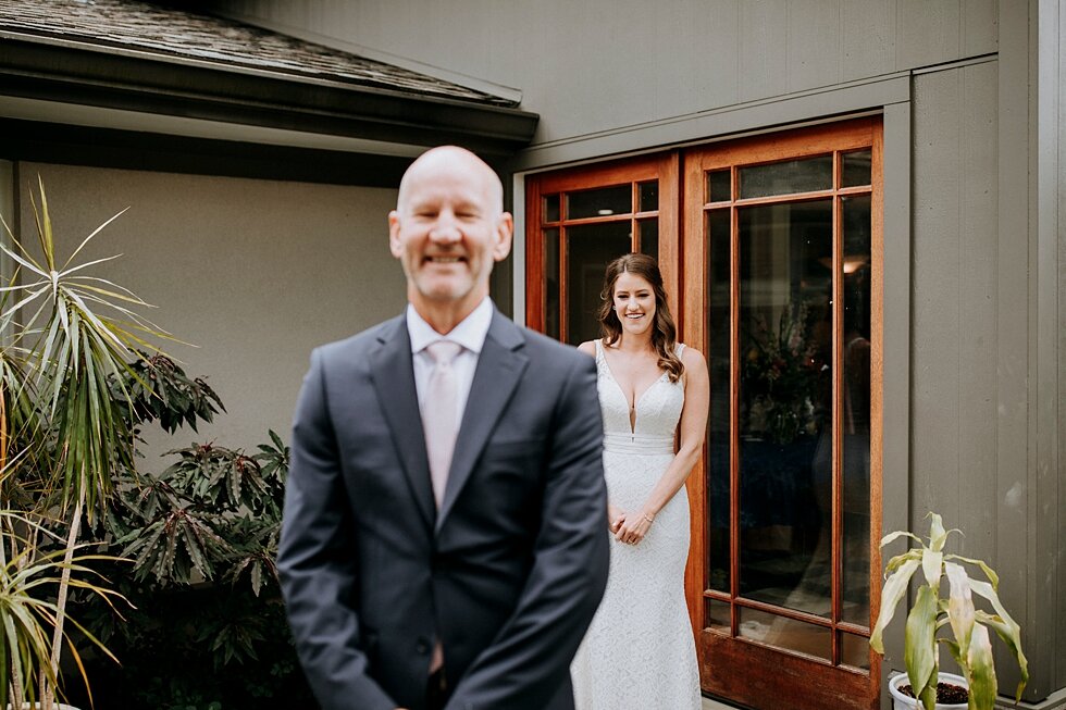  Bride waiting to have her first look with her father for this summer backyard wedding in Jeffersonville, Indiana. the refinery jeffersonville indiana covid wedding outside wedding midwest louisville kentucky #weddingphoto #justmarried #midwestphotog