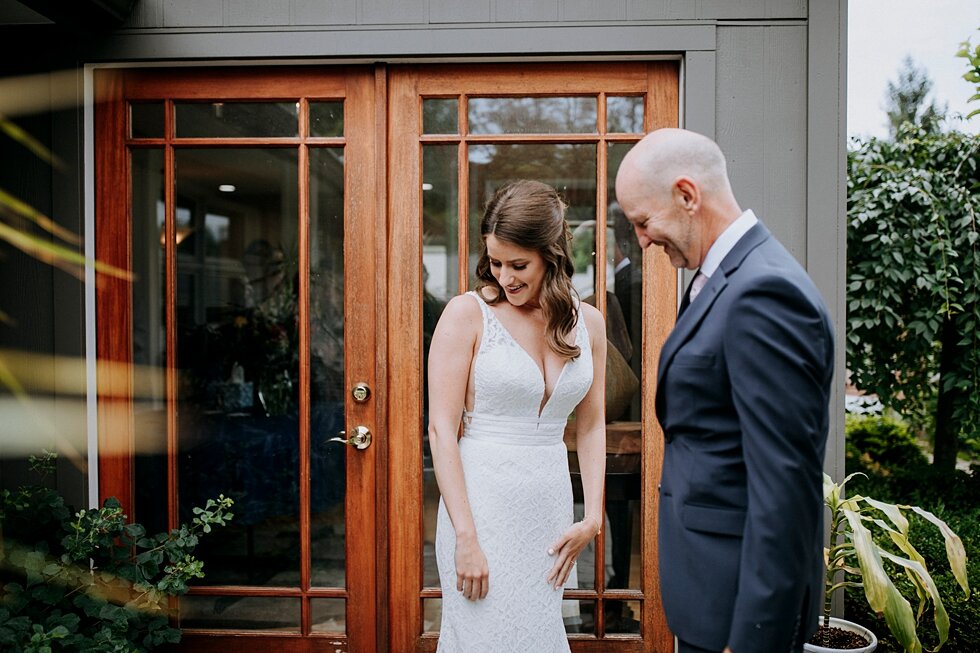  Father and daughter moments after their first look together on this special brides wedding day. the refinery jeffersonville indiana covid wedding outside wedding midwest louisville kentucky #weddingphoto #justmarried #midwestphotographer #kywedding 