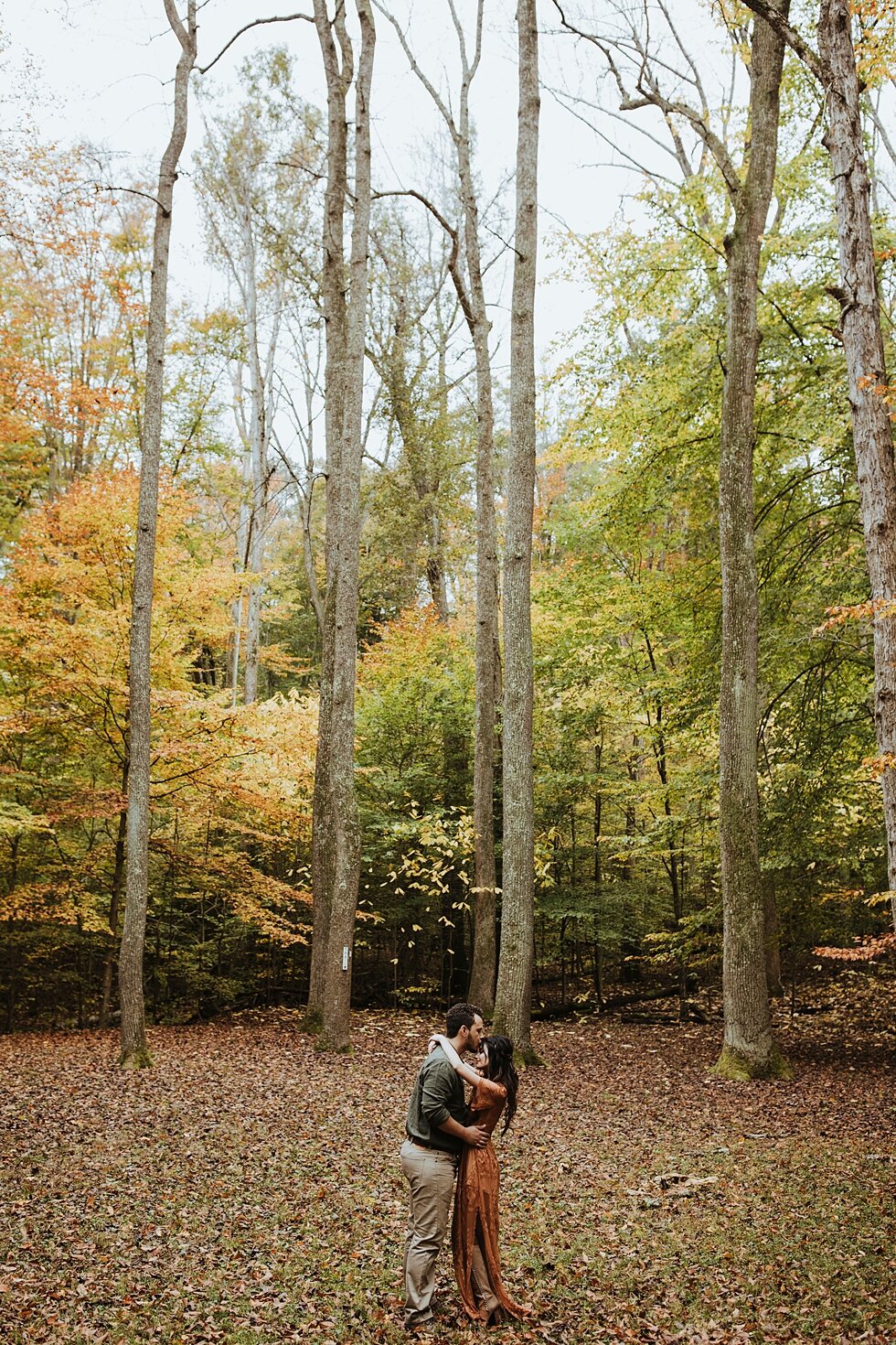  Canopy embrace in an opening of the Bernheim Forest during their fall engagement and save the date photo session. engagement goals kentucky photographer outdoor engagement indiana photographer fall photo shoot orange and yellow colors #engagementpho