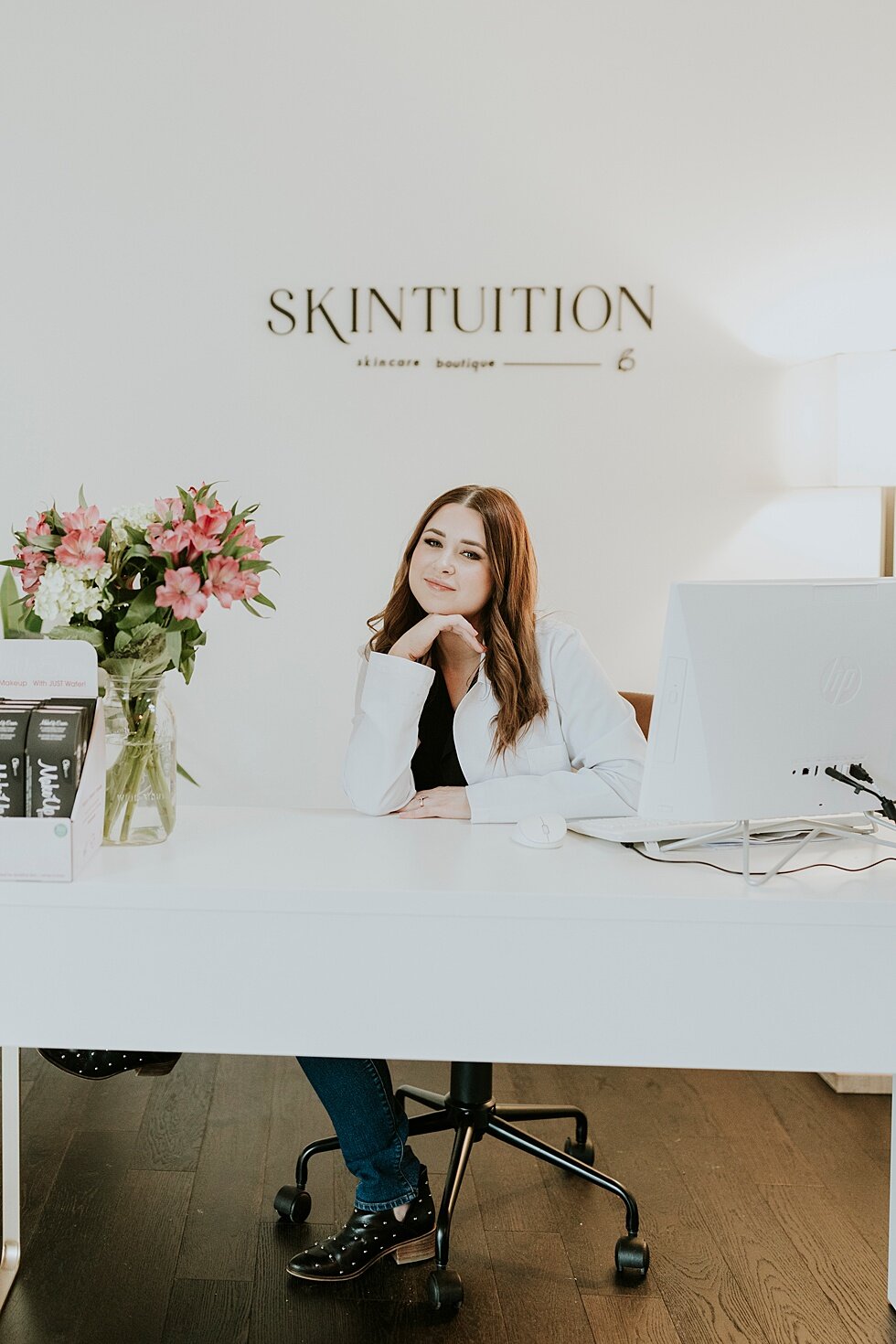  Hard working new Skincare Boutique branding photography session for Skintuition in Louisville, Kentucky. clean lines modern boutique skincare health branding wellness selfcare gold black spa dermaplaning aesthetician specialty#branding #brandingsess