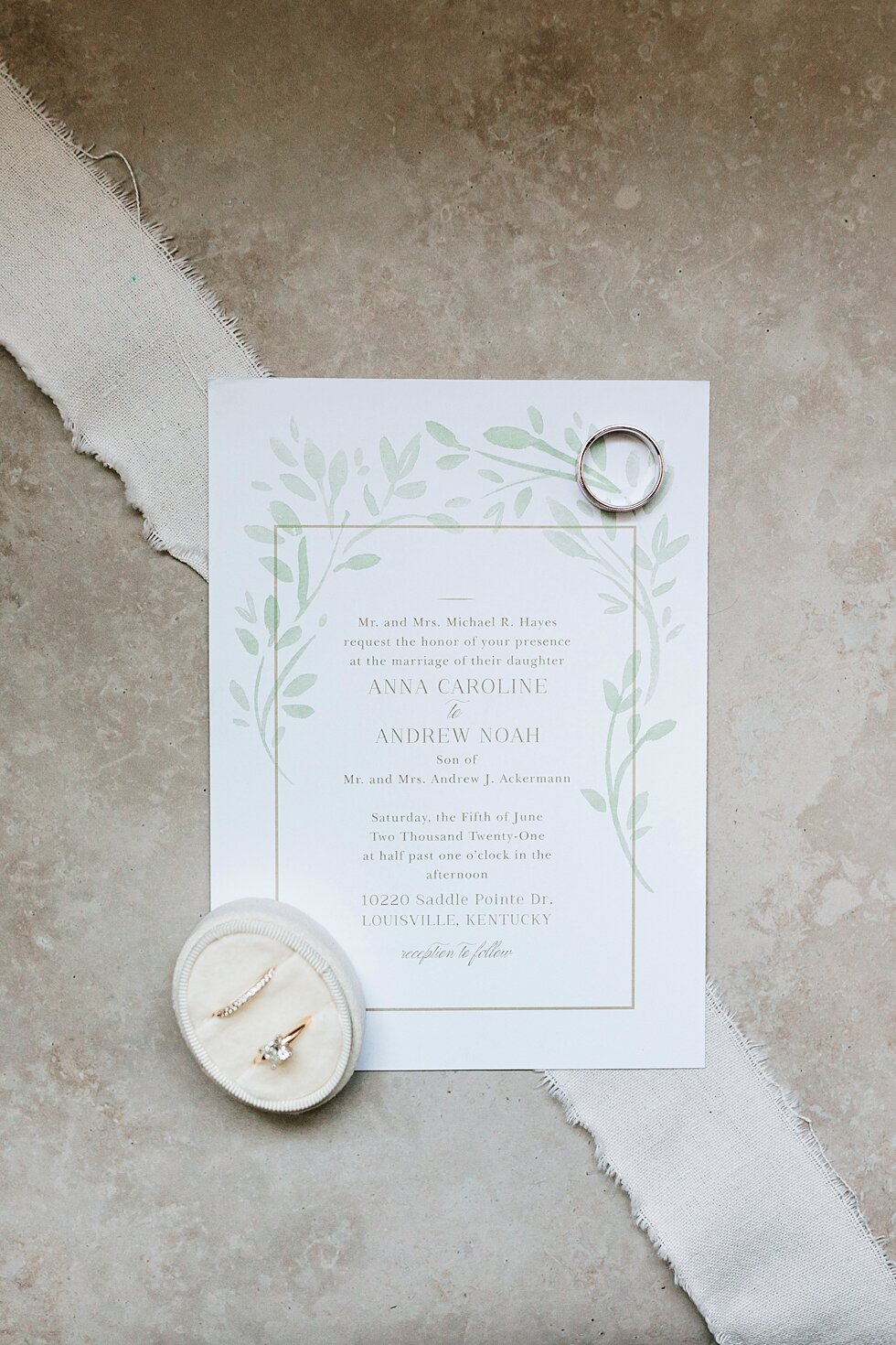  Beautiful stationary and wedding rings for this stunning bride and groom’s wedding day events. Romantic casual lace wedding gown close friends neutral colors background wedding natural greenery crisp white #midwestphotographer #kywedding #louisville