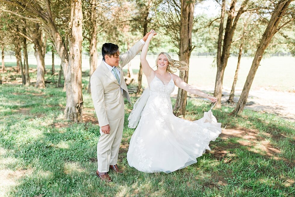  Dancing in the backyard after this amazing couple tied the knot during their romantic and intimate backyard wedding! Romantic casual lace wedding gown close friends neutral colors background wedding natural greenery crisp white #midwestphotographer 