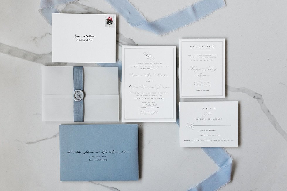  Brides's blue and white wedding day invitation and details. Lauren and Adam's winter wedding at St Agnes Catholic church and the Frazier History Museum.; invitation suite 