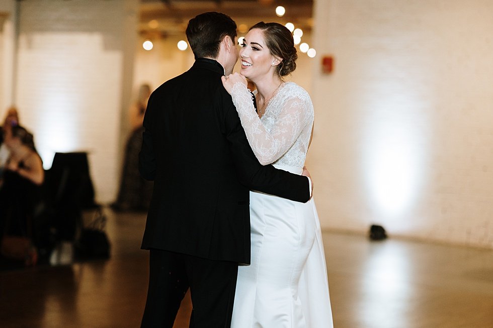  Bride and Groom First dance at wedding reception. Lauren and Adam's winter wedding at St Agnes Catholic church and the Frazier History Museum. 