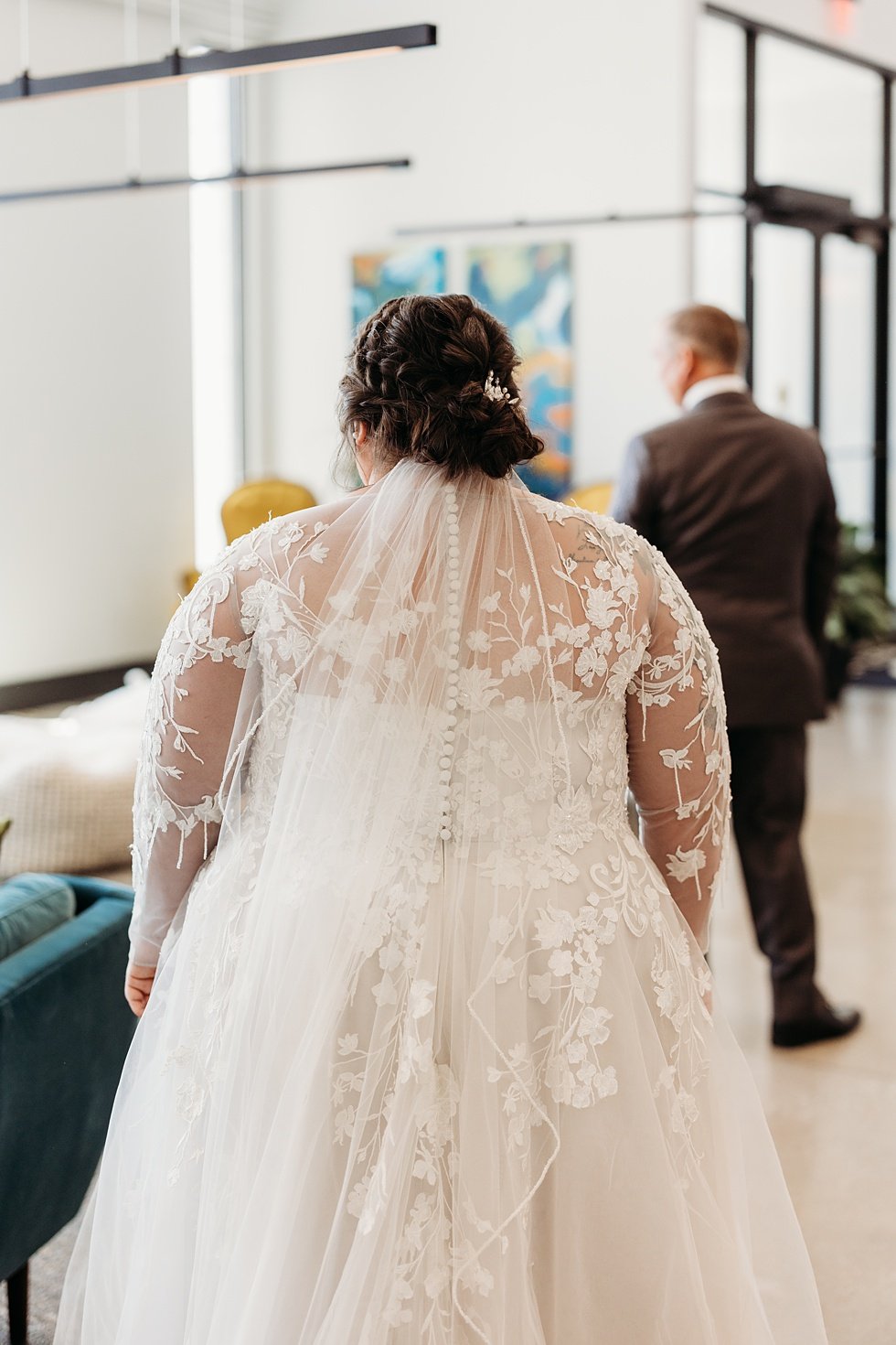  Bride's first look with father. Spring wedding at The Refinery Jeffersonville, Indiana 
