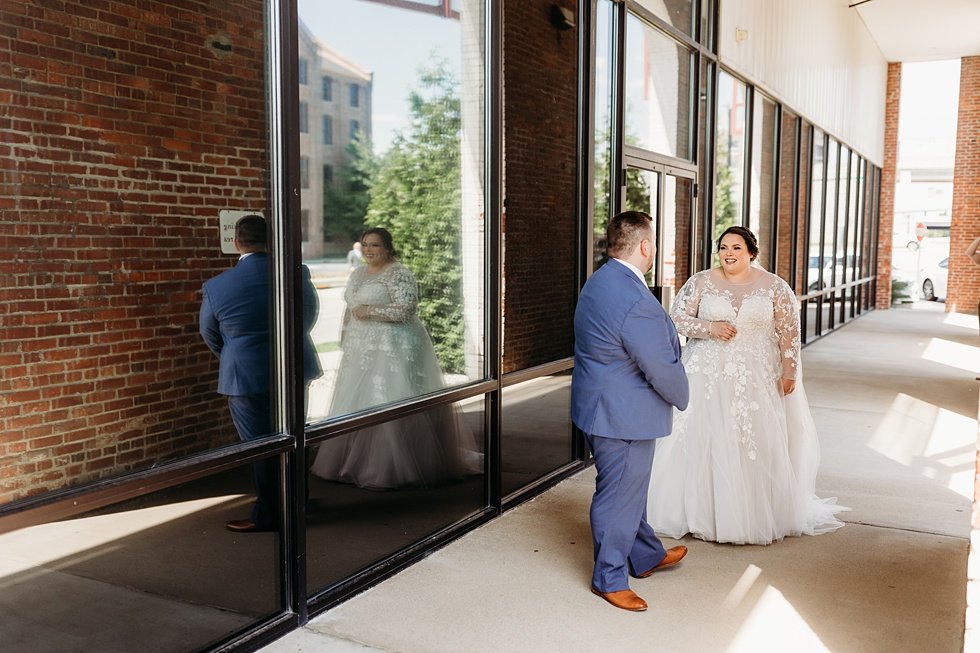  Bride and Groom's first look at the Refinery. Spring wedding at The Refinery Jeffersonville, Indiana 