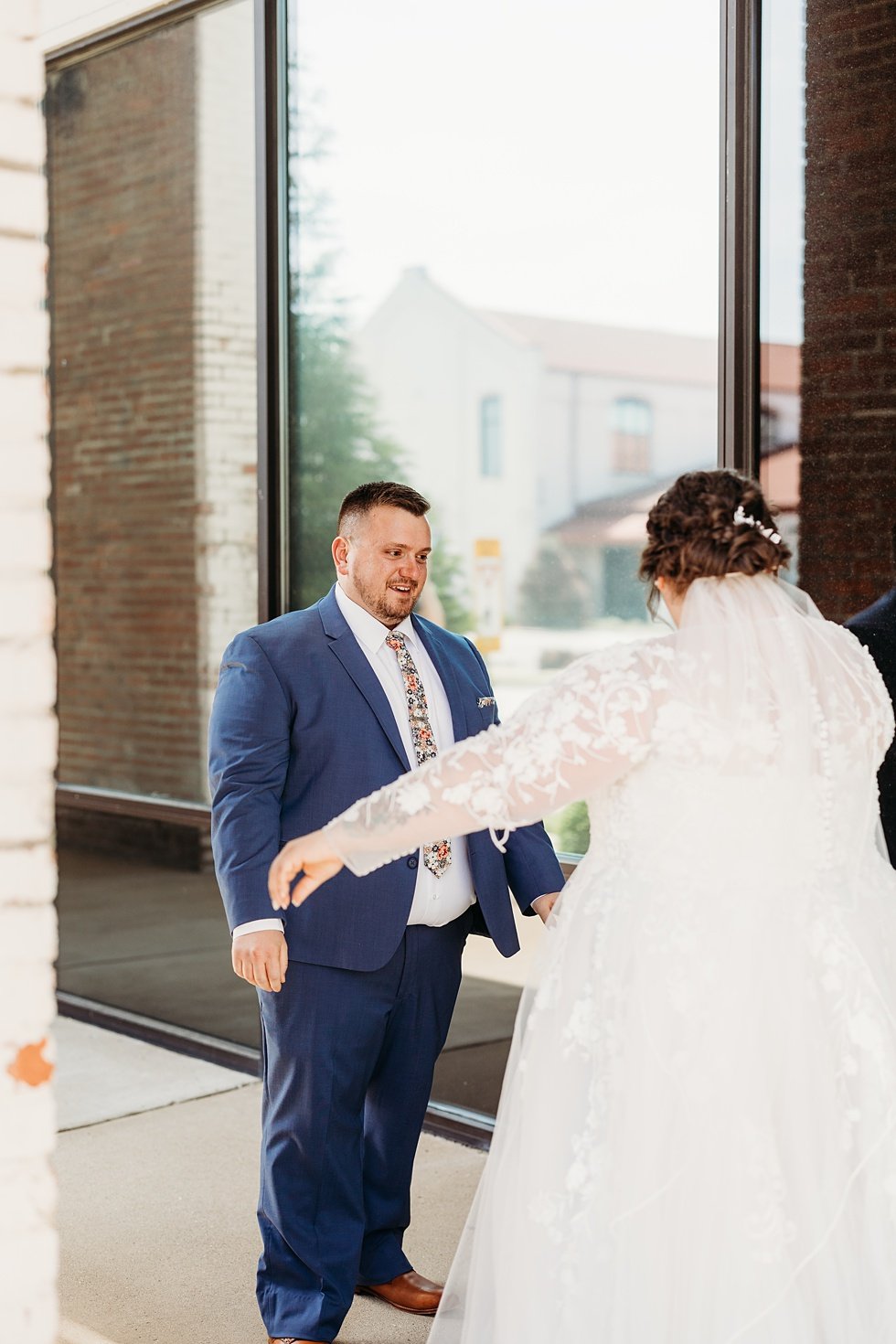  Bride and Groom's first look at the Refinery. Spring wedding at The Refinery Jeffersonville, Indiana 