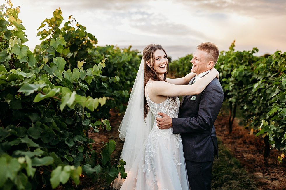  Bride and Groom sunset portraits in vineyard. Wedding at Huber's Orchard and Winery in Starlight, Indiana. 