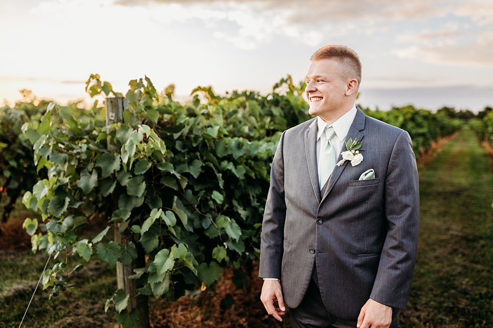  Bride and Groom sunset portraits in vineyard. Wedding at Huber's Orchard and Winery in Starlight, Indiana. 