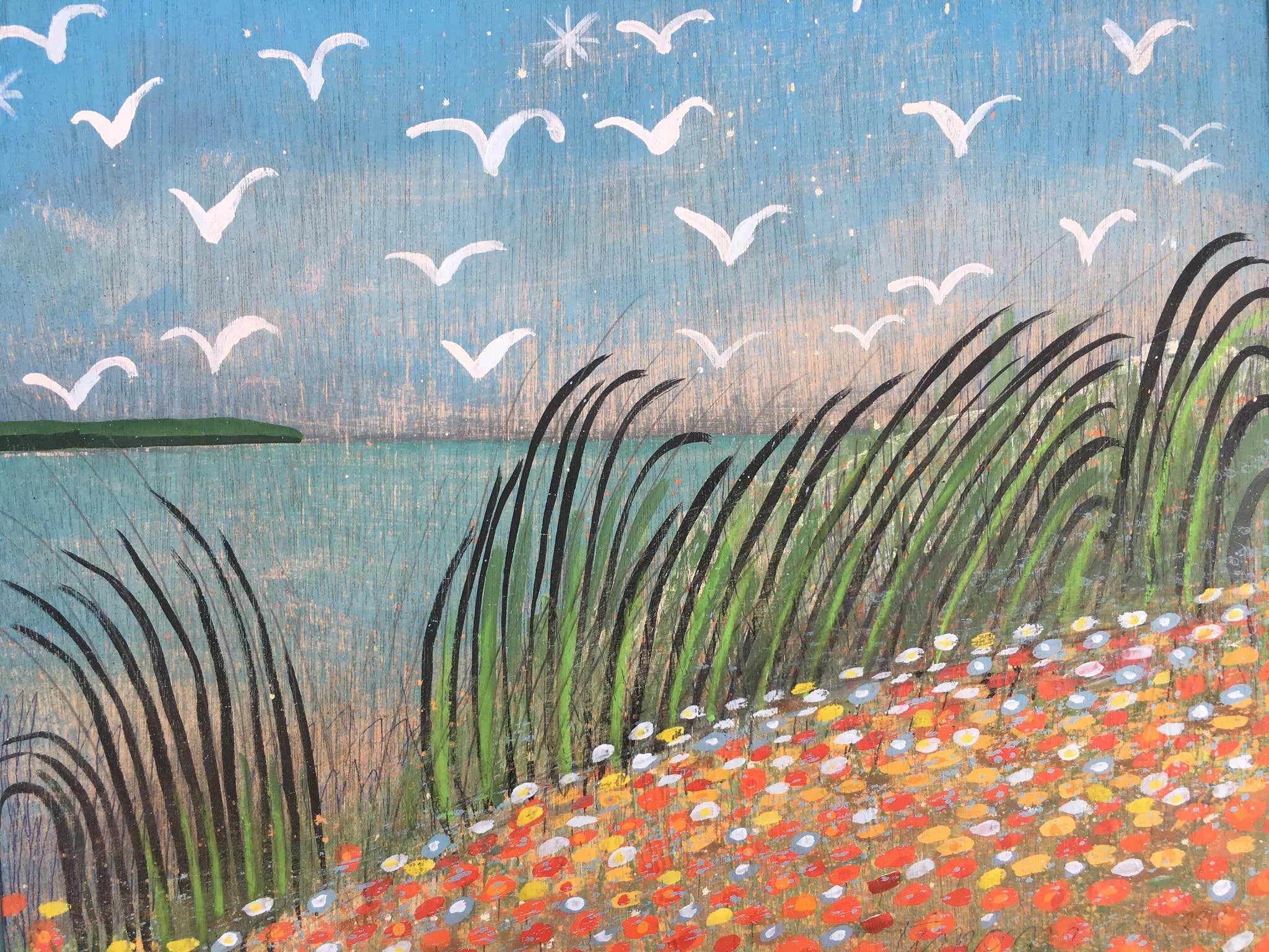 PERFECT SUMMER DAY, WITH SEA GRASS, SEA GULLS, SUNSHINE AND FLOWERS" 2018 FOR THE FEATHERSTONE CENTER FOR THE ARTS, MARTHA'S VINEYARD, MASSACHUSETTS (SOLD)