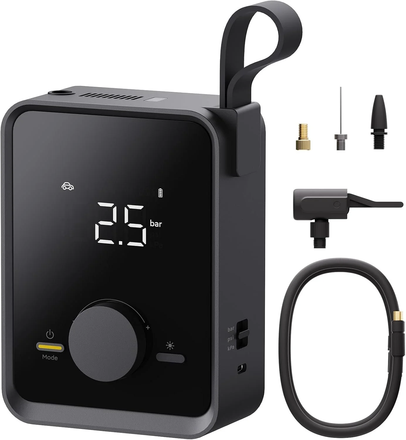 HOTO portable tire inflator connected to a car tire with digital PSI display