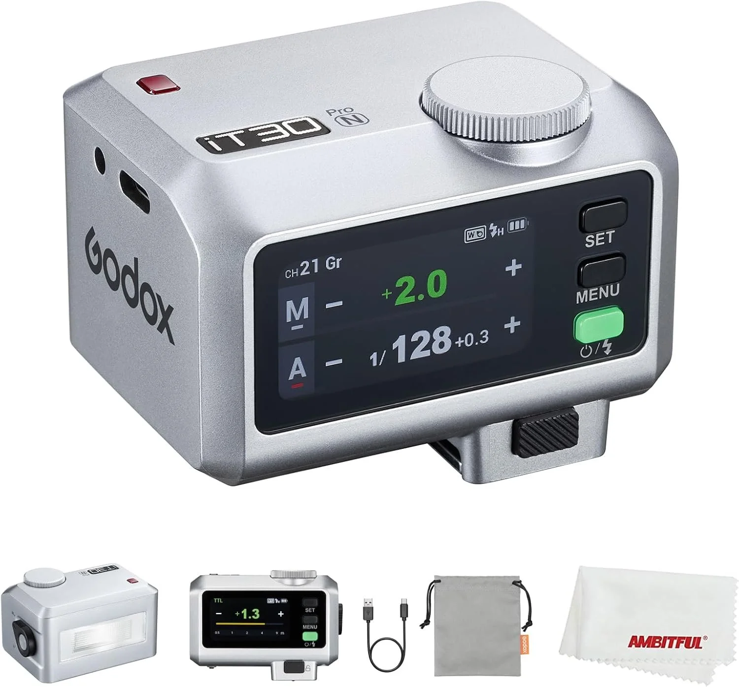 Flashpoint iT30 Pro TTL portable flash mounted on a camera hot shoe