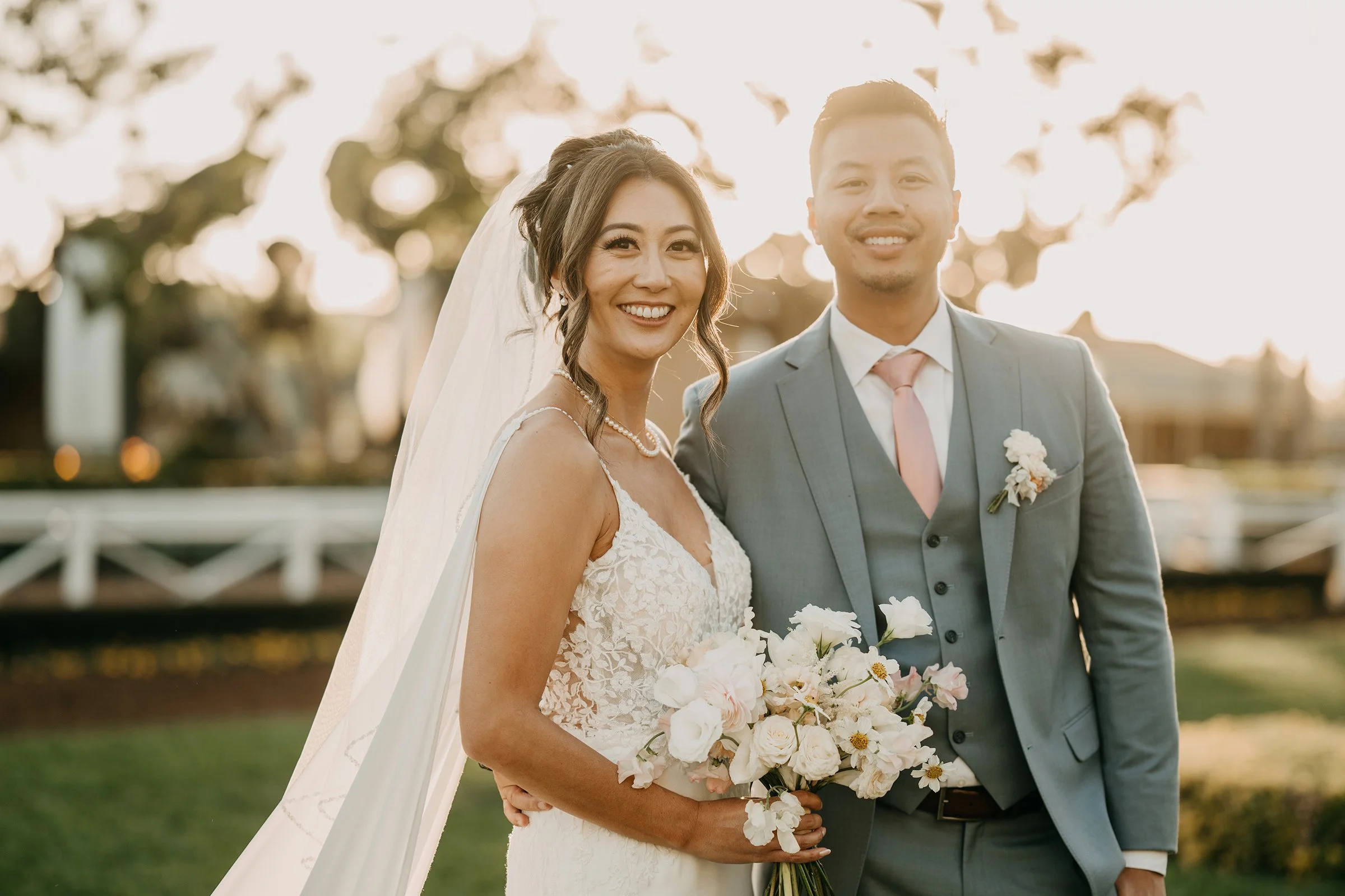 Bride and groom sunset wedding portraits at Santa Anita Park in Arcadia California
