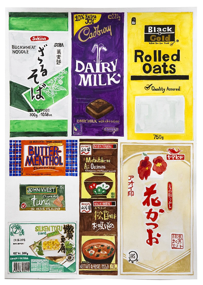 Sarah Goffman, Seven days of packaging (detail), 2013 in JANIS II, 2013, Mclemoi Gallery, Sydney (photo: Jessica Maurer)
