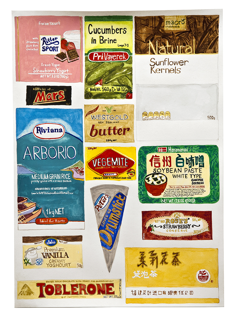 Sarah Goffman, Seven days of packaging (detail), 2013 in JANIS II, 2013, Mclemoi Gallery, Sydney (photo: Jessica Maurer)