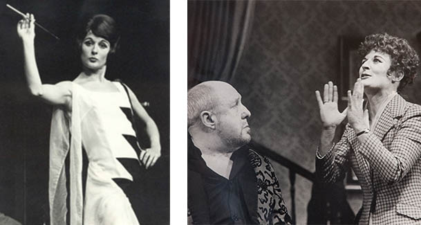Judy on stage in ‘On Approval’ (England circa 1970, left) and 'The Man who came to Dinner' (right)
