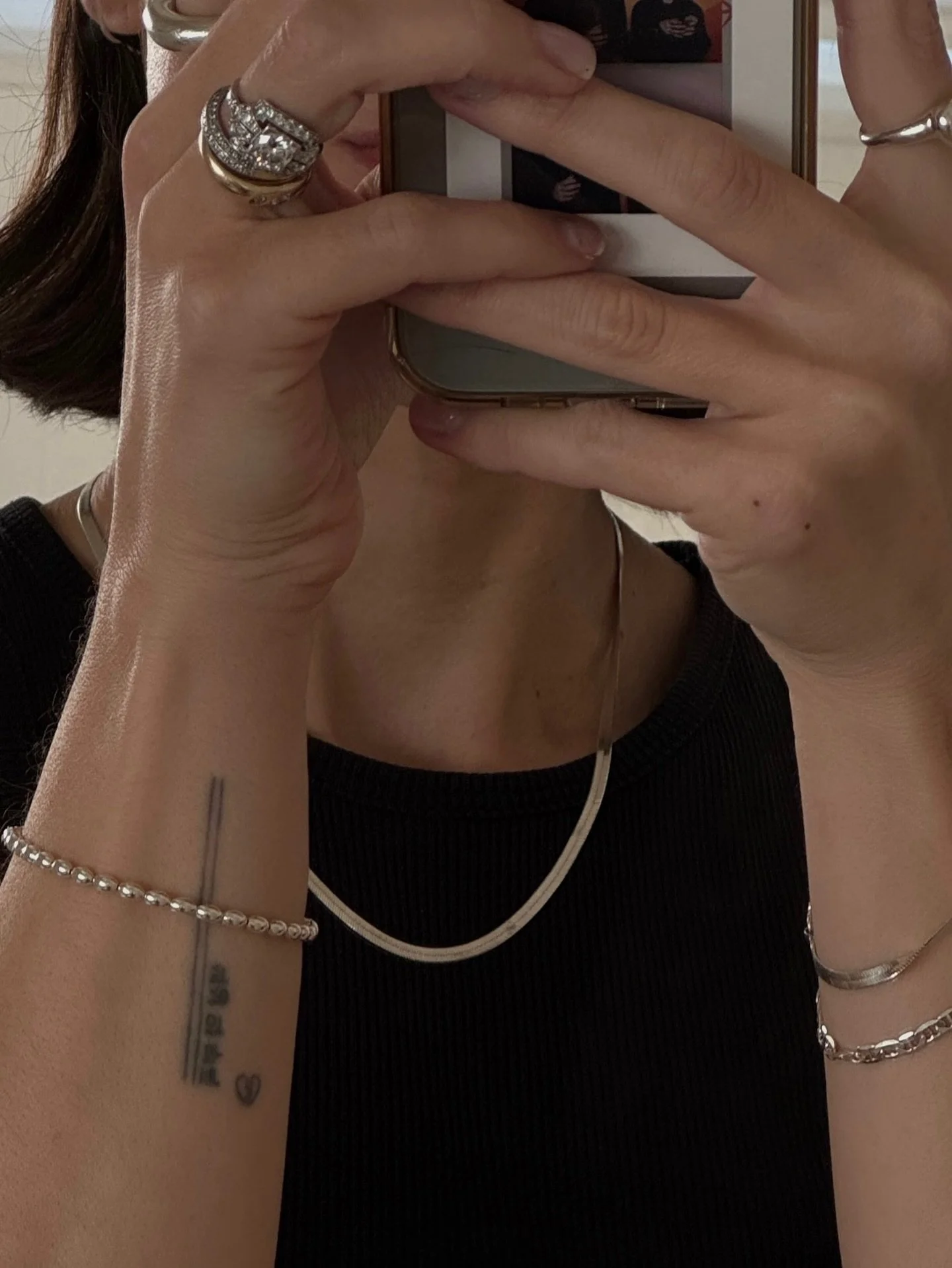 The new S+P oval sterling beaded bracelet pairing well with the rest of my jewels ✨✨