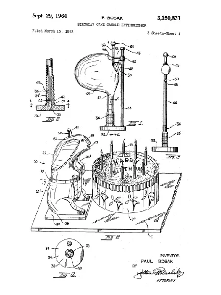 Patent for "Birthday Cake Candle Extinguisher." 