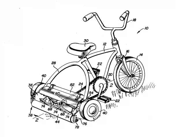 Patent Illustration for a tricycle with built in lawnmower. 