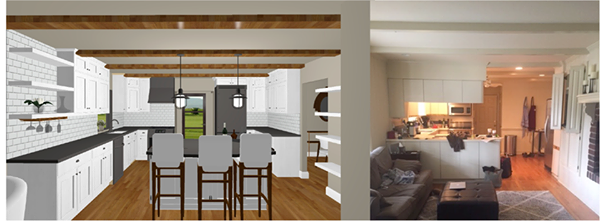 Drawings of a kitchen remodel (left) and before pic (right)
